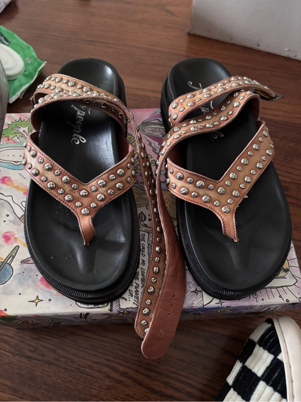 Free People Tan Studded Leather Thong Sandals - Women